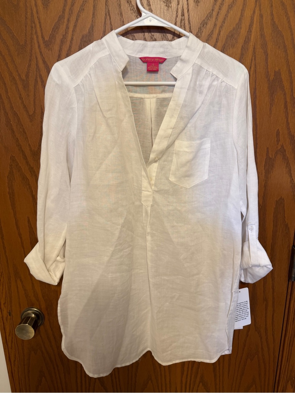NWT Sunny Leigh White Linen V-Neck Roll-Tab Tunic